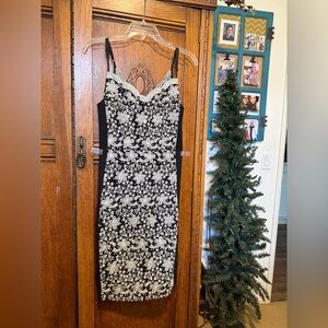 Eva Franco Black and Cream Floral Midi Dress